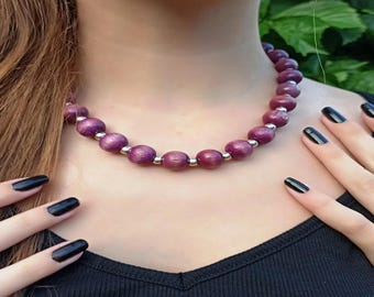 Adjustable Purple Beaded Necklace with Silver Accents – Handmade Statement Jewelry