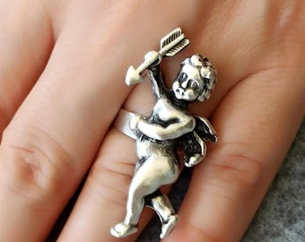 Silver Plated Cupid Ring: Adjustable Cherub Jewelry, Valentine's Gift