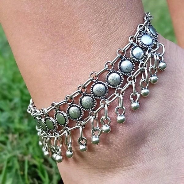Dainty Tribal Dangle Anklets For Women • Belly Dancing Accessories • Silver Dangle Anklets • Anklets For Women • Brutalist Silver Anklet