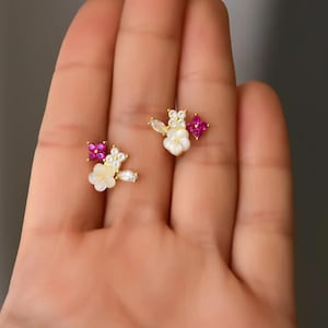 Mother of Pearl Magnolia Earrings: Sterling Silver Floral Studs