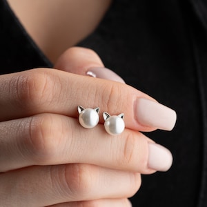 Tiny Cat Sterling Silver Pearl Stud Earrings, Cute Cat Ears Stud Pearl Earrings, Hypoallergenic Cat Earrings, Bridesmaid Minimalist Earrings
