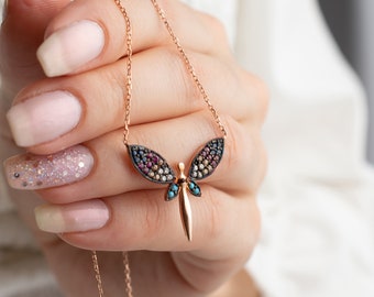 Rose Gold Dragonfly Necklace: Sterling Silver Pendant, Adjustable Chain