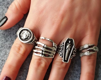 Anello in argento sterling con scheletro: artiglio gotico, Medusa, Dracula