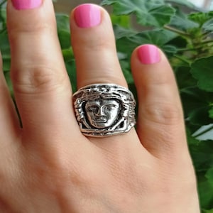 Handmade Silver-Plated Medusa Ring: Adjustable Greek Mythology Jewelry