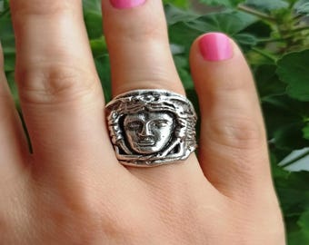 Handmade Silver-Plated Medusa Ring: Adjustable Greek Mythology Jewelry
