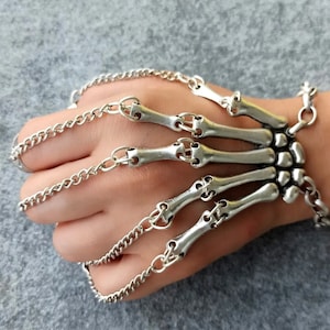 Gothic Skeleton Hand Ring Bracelet: Silver Plated Chain Bracelet
