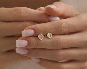 Gold Pink Heart Stud Earrings Tender Sparkle