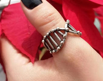 Adjustable DNA Helix Ring: Antique Silver Science Jewelry
