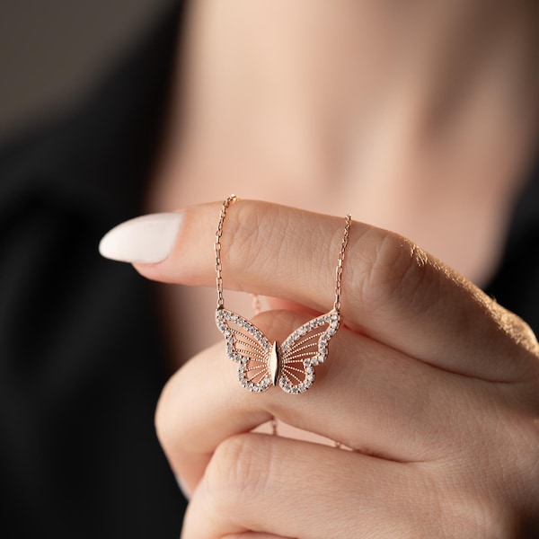 Sterling Silber Schmetterling Halskette: Diamant Geburtsstein Anhänger, Handgemachter Charme