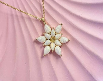 Fire Opal Dainty Gold Necklace • Moonstone Flower Necklace • Ethiopian Opal Necklace For Women • Opal Flower Necklace • Opal Dainty Necklace