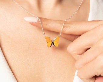 Orange Butterfly Silver Necklaces For Women • Orange Butterfly Pendant Layering Necklace • Butterfly Charm Necklace • Mothers Day Necklace