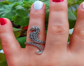 Seahorse Adjustable Ring – Ocean-Inspired Handmade Silver-Plated Ring