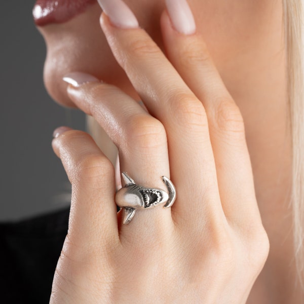 Gothic Silver Plated Shark Ring - Unique Shark Wrapped Design - Unisex Gothic Jewelry - Ocean Inspired Statement Ring • Gift for Loved One
