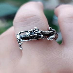 Adjustable Dragon Ring – Silver Plated Fantasy Serpent Jewelry, Gothic Mythical Creature Statement Ring
