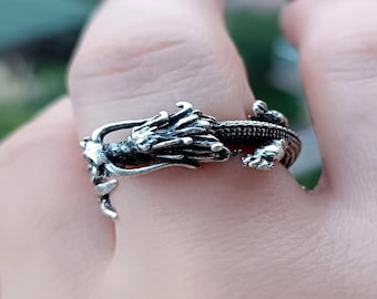 Adjustable Dragon Ring – Silver Plated Fantasy Serpent Jewelry, Gothic Mythical Creature Statement Ring