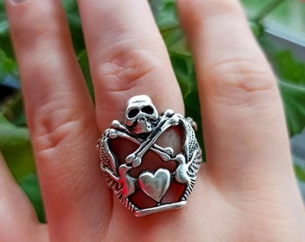 Skull And Crossbones Heart Ring • Skull Heart Rings • Sugar Skull Heart Ring • Skull Skeleton Heart Ring • Skull Heart Pirate Silver Ring