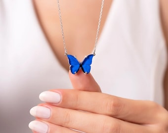 Dark Blue Butterfly Silver Necklace: Adjustable Pendant