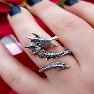 Silver Dragon Wrap Ring: Adjustable Gothic Fantasy Jewelry
