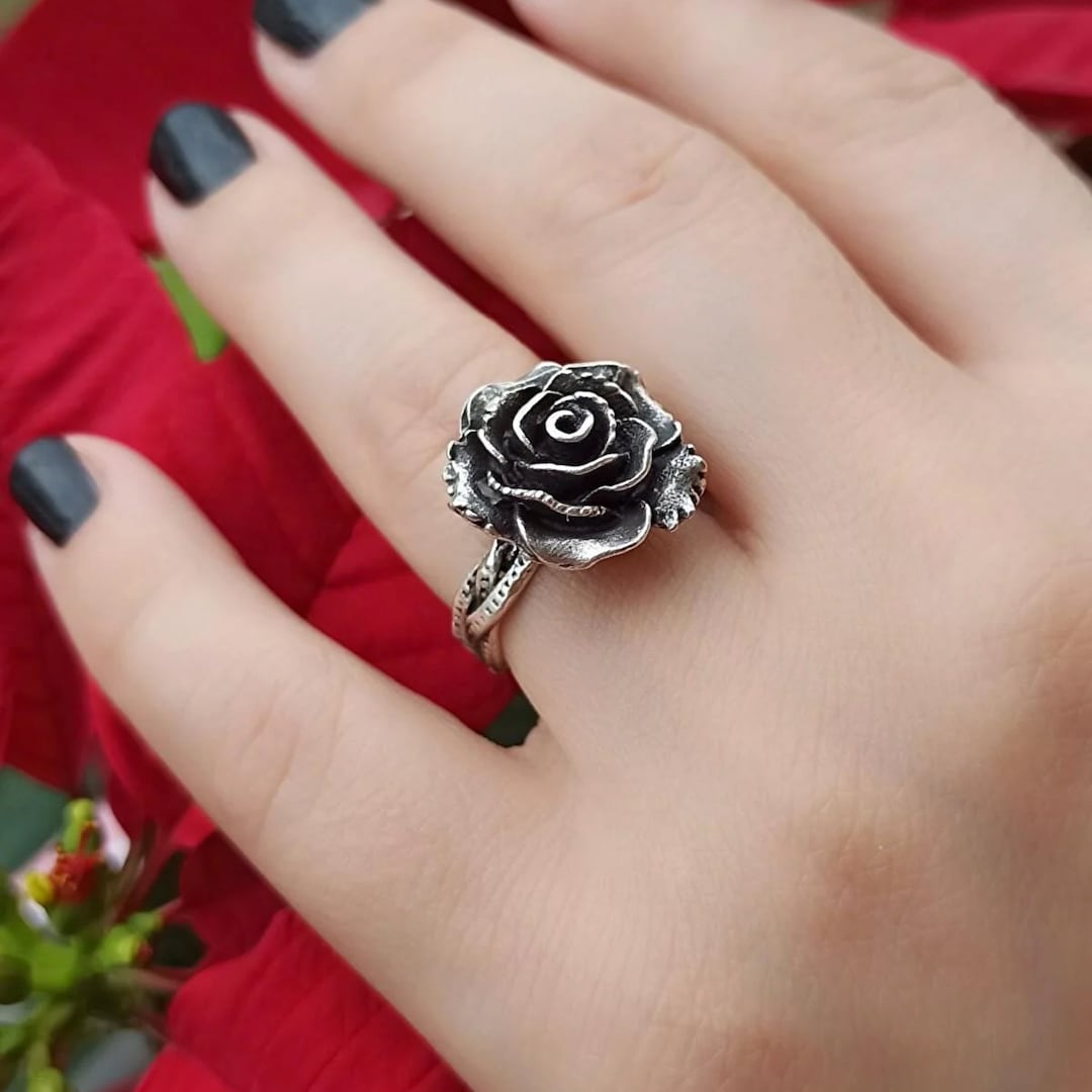 Beauty and the Beast Black Rose Ring Vintage Flower Ring Unique Antique Floral Ring Valentines