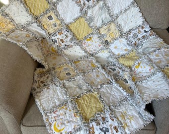 Gray White and Yellow Flannel Baby Rag Quilt Blanket with Gray back