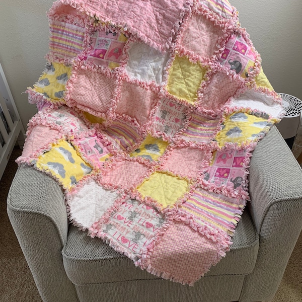 Baby girl pink and yellow crib size flannel ragtime quilt