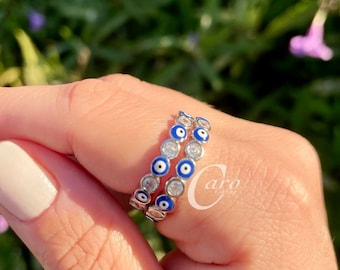 Sterling Silver Evil Eye Ring, Zirconia Minimalist Stackable Band