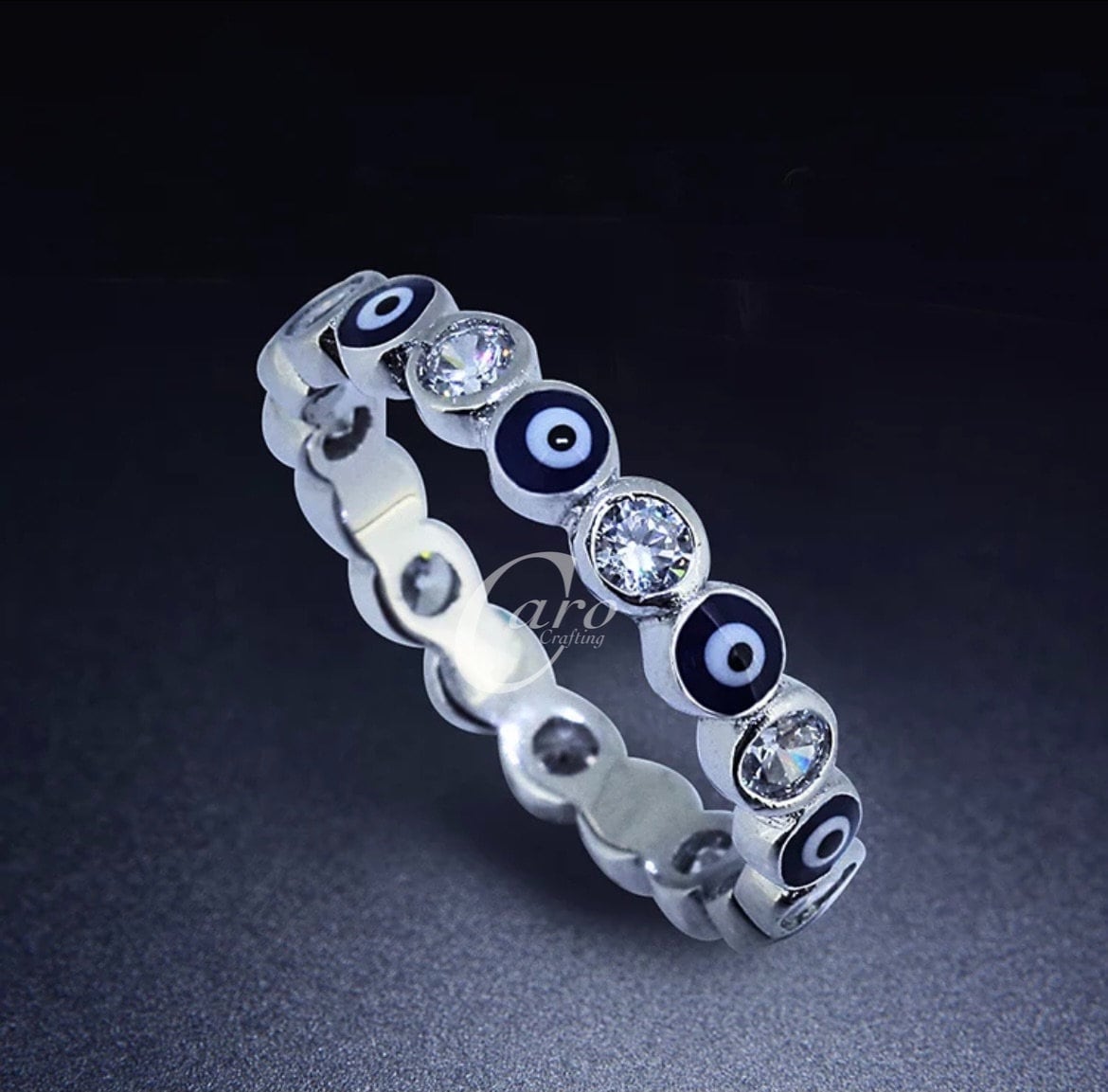 Sovats Evil Eye Protection Ring - 925 Sterling Silver, Rhodium Plated, Black Cubic Zirconia, Nickel-Free