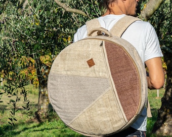 Shamanic Drum Bag in Natural Hemp — 50-52 cm (20"), Backpack Style, Padded, Handmade in Nepal — Frame Drum Carry Case