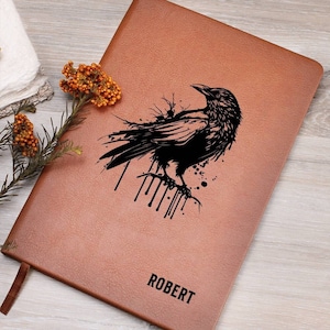 Raven Leather Journal with Name, Personalized Vegan Leather Journal for Men, Dark Academia Gift, Notebook with Crow, Gothic Christmas Gift