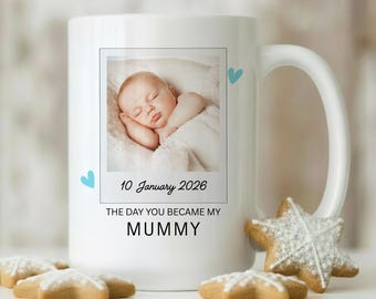 New Mummy Photo Mug with Baby's Birth Date, Custom Mother’s Day Gift for First Time Mom, Personalised Mommy Gift from Baby, Polaroid Baby