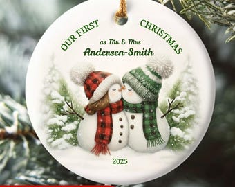 Our First Christmas as Mr & Mrs Ornament, Personalized Married 2025 Ornament, Snowman Couple, Newly Wed Keepsake, 1st Xmas as Mr and Mrs
