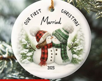 Our First Christmas Married Ornament, Personalized Married Snowman Couple Ornament, Custom Names Xmas Gift for Couple Newly Married 2025