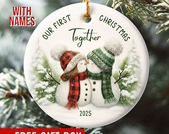 Our First Christmas Together Ornament, Romantic Kissing Snowman Couple, Christmas 2025 Personalized Holiday Keepsake Gift with Custom Names