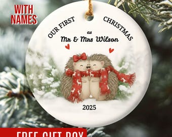 Our First Christmas as Mr & Mrs Ornament, Custom Newlywed  2025 Keepsake, Hedgehog Couple, 1st Xmas as Married Ornament, Gift for Couple