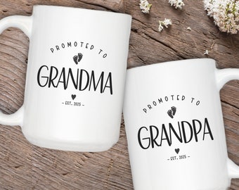 Promoted to Grandma Grandpa Mugs, Personalized Pregnancy Announcement Matching Gift for New Grandparents, Baby Reveal Idea