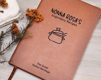 May include: A brown leather-bound recipe book with the title "Nonna Rosa's Legendary Recipes" and a drawing of a pot with steam coming out of it. The text "The Great Italian Heritage" is printed on the bottom of the cover.