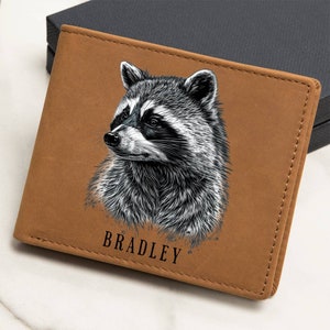 Lustige Waschbär Brieftasche, personalisierte Brieftasche mit Name für Waschbär-Liebhaber, coole Männer Brieftasche Leder Bifold, Waschbär Geschenk für Freund Bruder Sohn