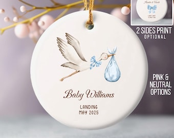 Stork Pregnancy Announcement Ornament, Custom Baby Boy Gender Reveal, It's a Girl Baby Shower, Keepsake with Baby Name, Pregnancy Ornament