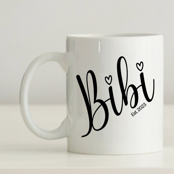 Bibi Mug, Personalized Bibi Gift, Pregnancy Reveal, New Bibi Est. 2024, Surprise Baby Announcement To Mom or Mother-in-Law, Mothers Day Gift