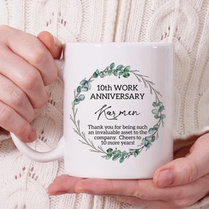 10 Year Work Anniversary Gift For Men Women, Personalized 10th Work Anniversary Mug, Custom Thank You Gift for Employee, Appreciation Gift