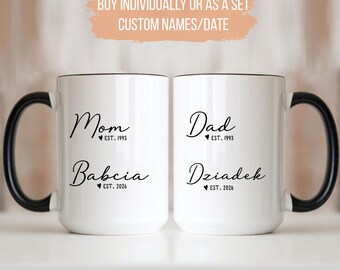 Babcia Dziadek Mugs, Personalized Polish Grandparents Pregnancy Announcement Gift, Matching Gift Idea for Baby Shower, Mom Babcia Est. 2026