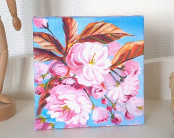 Japanese cherry blossoms painted in acrylic on a small 3D canvas 12x12cm romantic and spring
