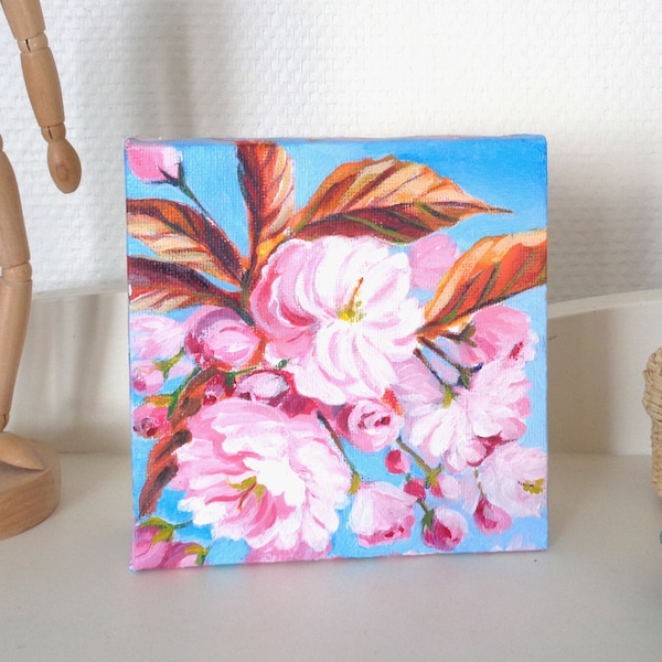 Fleurs de cerisier du japon peintes à l'acrylique sur une petite toile 3D 12x12cm romantique et printanier