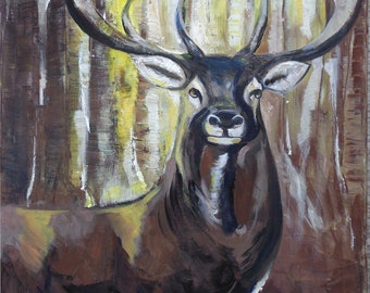 Tableau d'un cerf majestueux peint à l'acrylique sur chassis toilé 60X50cm