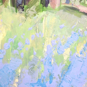 Clairière au printemps fleuri, peinture acrylique sur toile technique au couteau décor mural, forêt nature bleu vert image 2