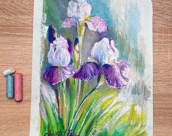 Tender garden irises oil pastel drawing