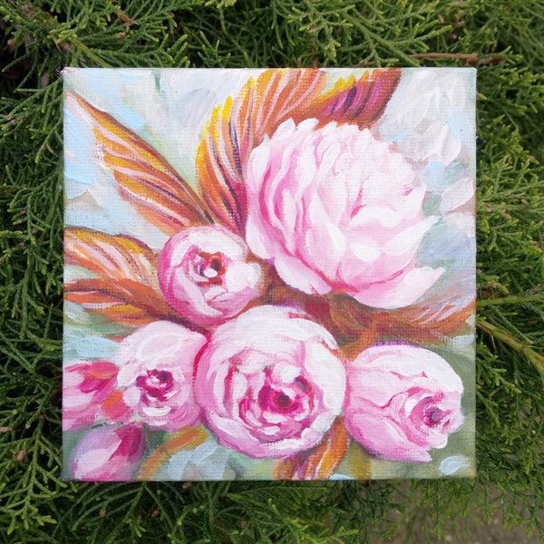 Fleurs de Prunus en bouton, peintes à l'acrylique sur une petite toile 3D 12x12cm