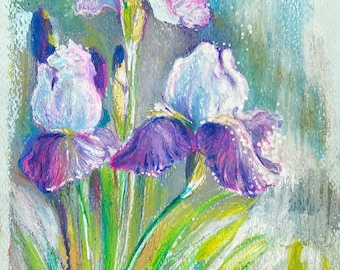 Tender garden irises oil pastel drawing