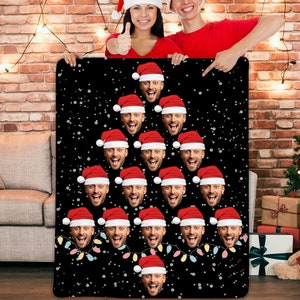 Personalized Christmas Blankets, Custom Printed Photo Throws, Face Print with Christmas Hat, Christmas Tree Shape Faces Custom, Fun Gift