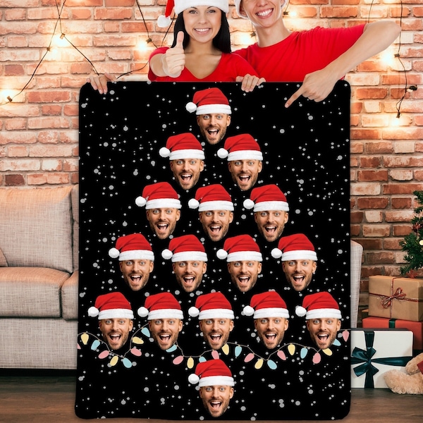 Personalized Christmas Blankets, Custom Printed Photo Throws, Face Print with Christmas Hat, Christmas Tree Shape Faces Custom, Fun Gift